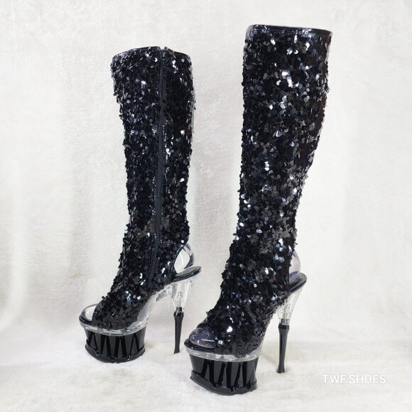 Pleaser Spiky Black Sequin Knee Boots Spiked Design Platform - Picture 9 of 12